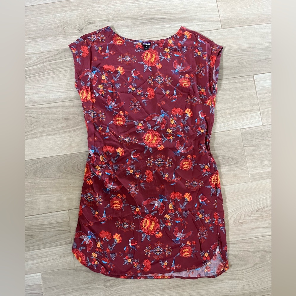 Patagonia Burgundy Floral Midi Dress with Red and Blue Accents